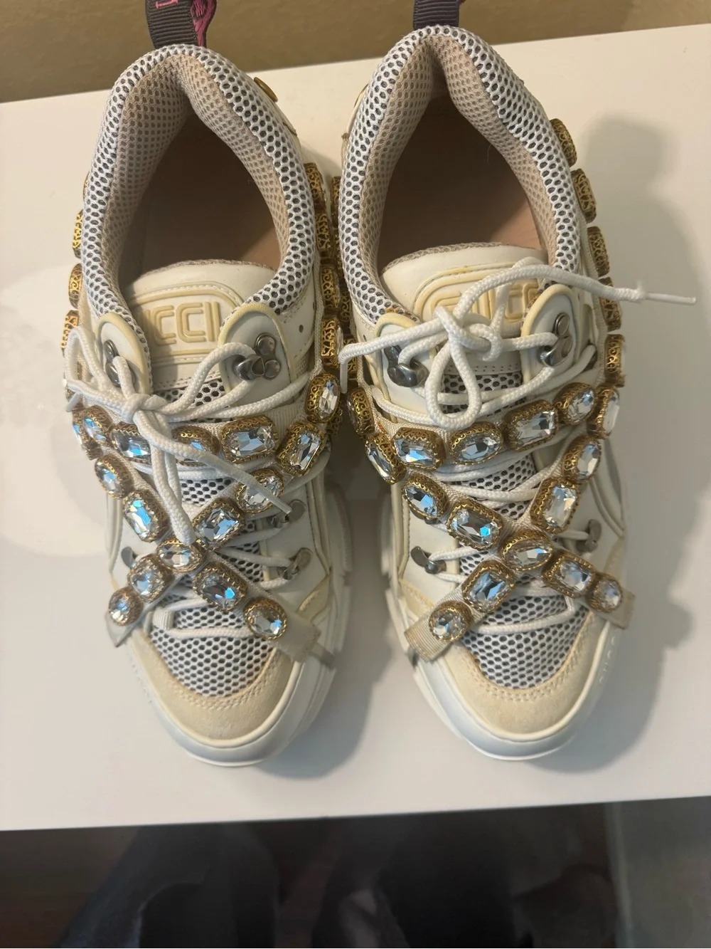 Gucci Cream White Crystal-Strap Chunky Sneakers